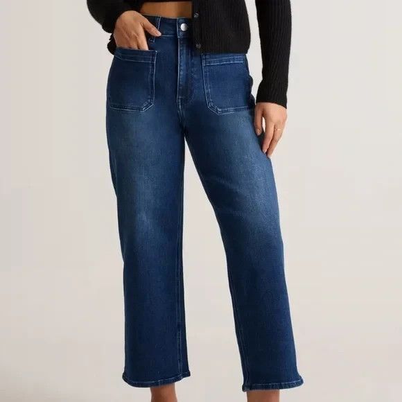 Quince Stretch High Rise Patch Pocket Wide Leg Jeans Dark Blue Wash - Picture 1 of 13